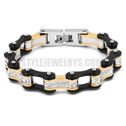 Stainless Steel Rhinestone Biker Bracelet Stainless Steel Jewelry Fashion Black and Gold Bicycle Chain Motor Bracelet SJB0316 - Click Image to Close